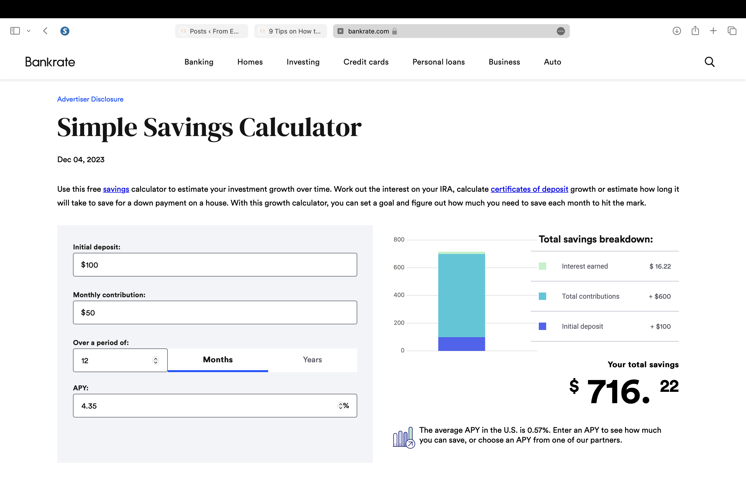 how to be financially free: screenshot showing calculating the investment growth for a high-yield savings account